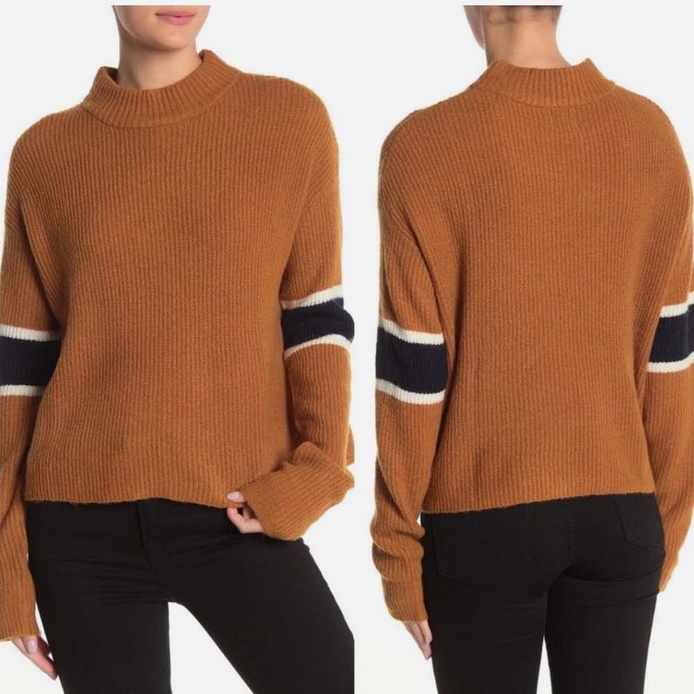 NWT Nordstrom Brown Jersey Sweater with Striped Sleeves